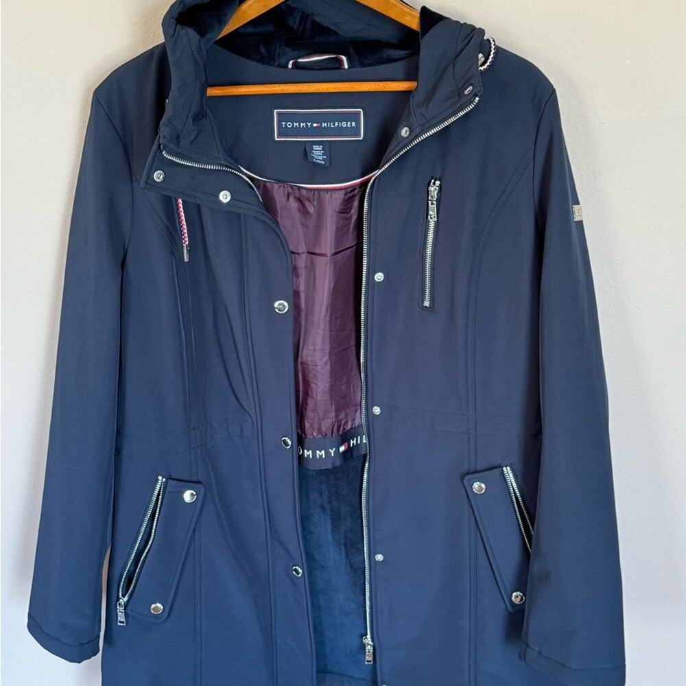 Tommy Hilfiger Navy Velboa Lined Hooded Soft Shell Jacket Womens Size Large
